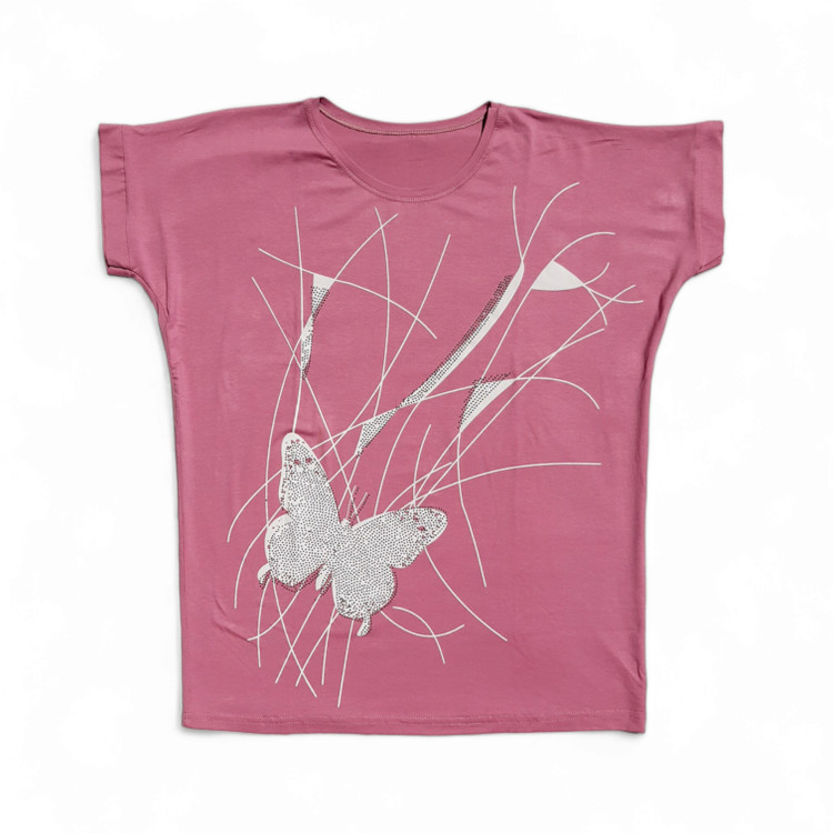 تیشرت زنانه سایز بزرگ نگین دار رنگ صورتی با طرح پروانه