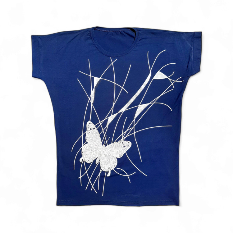 تیشرت زنانه سایز بزرگ نگین دار رنگ سورمهای با طرح پروانه