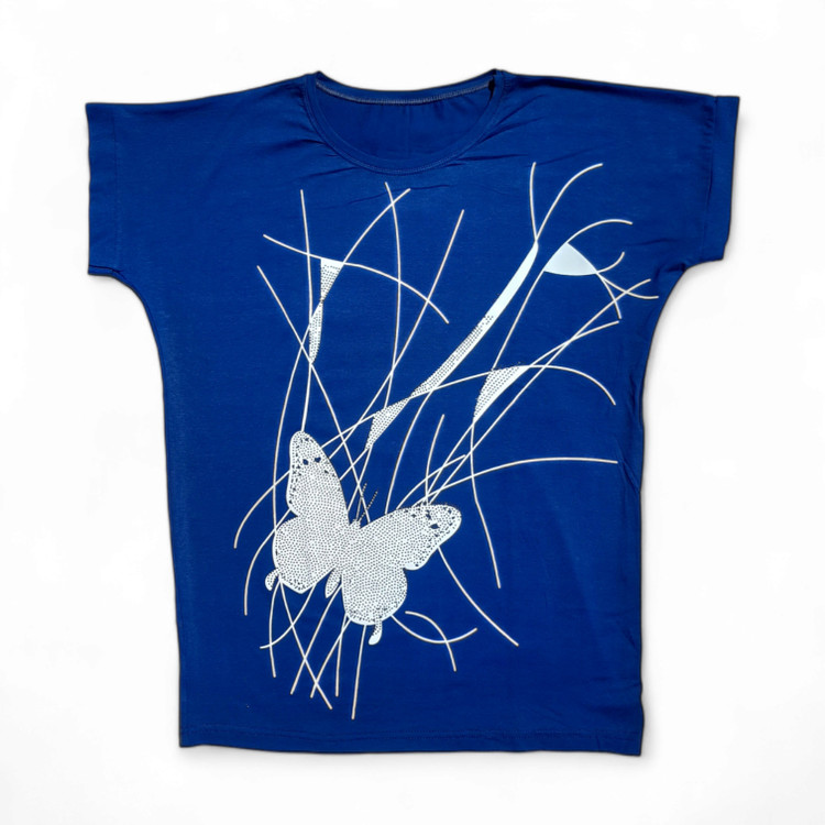 تیشرت زنانه سایز بزرگ نگین دار رنگ آبی درباری با طرح پروانه