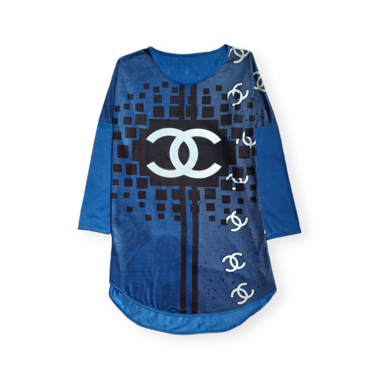 بلوز زنانه سایز بزرگ نگین دار آستین بلند رنگ آبی مدل جدید