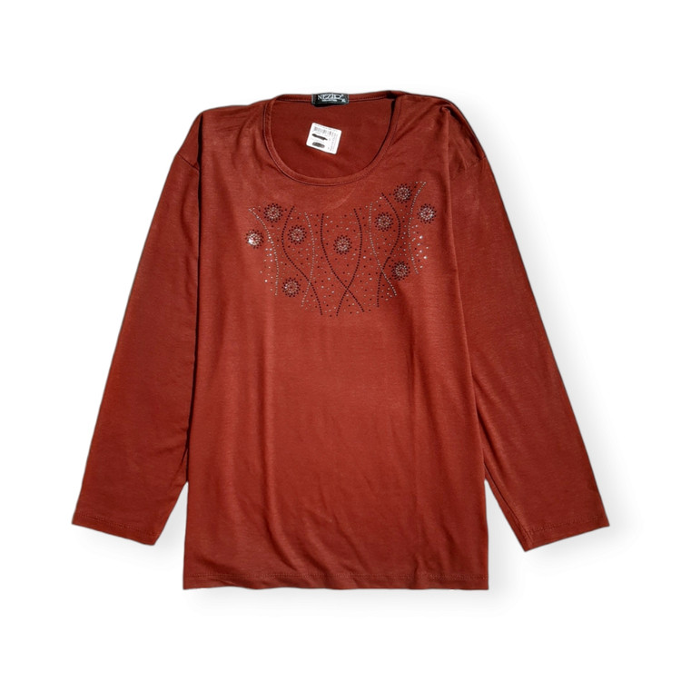 بلوز مجلسی زنانه نگین دار آجری سایز بزرگ برند NEZIR نمای جلو