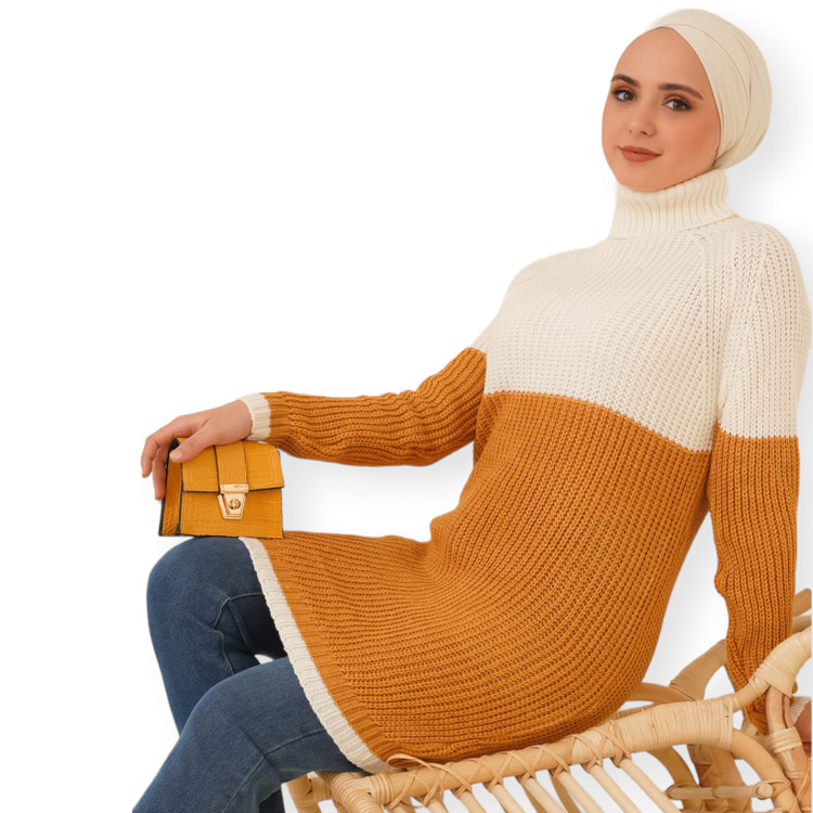 بافت ضخیم و گرم زنانه با طراحی دو رنگ جذاب سفید و خردلی