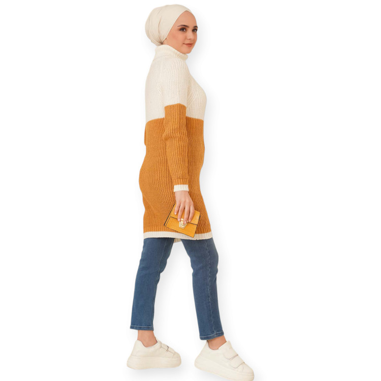 بلوز بافت لانگ زنانه دو رنگ سفید و خردلی Hayal