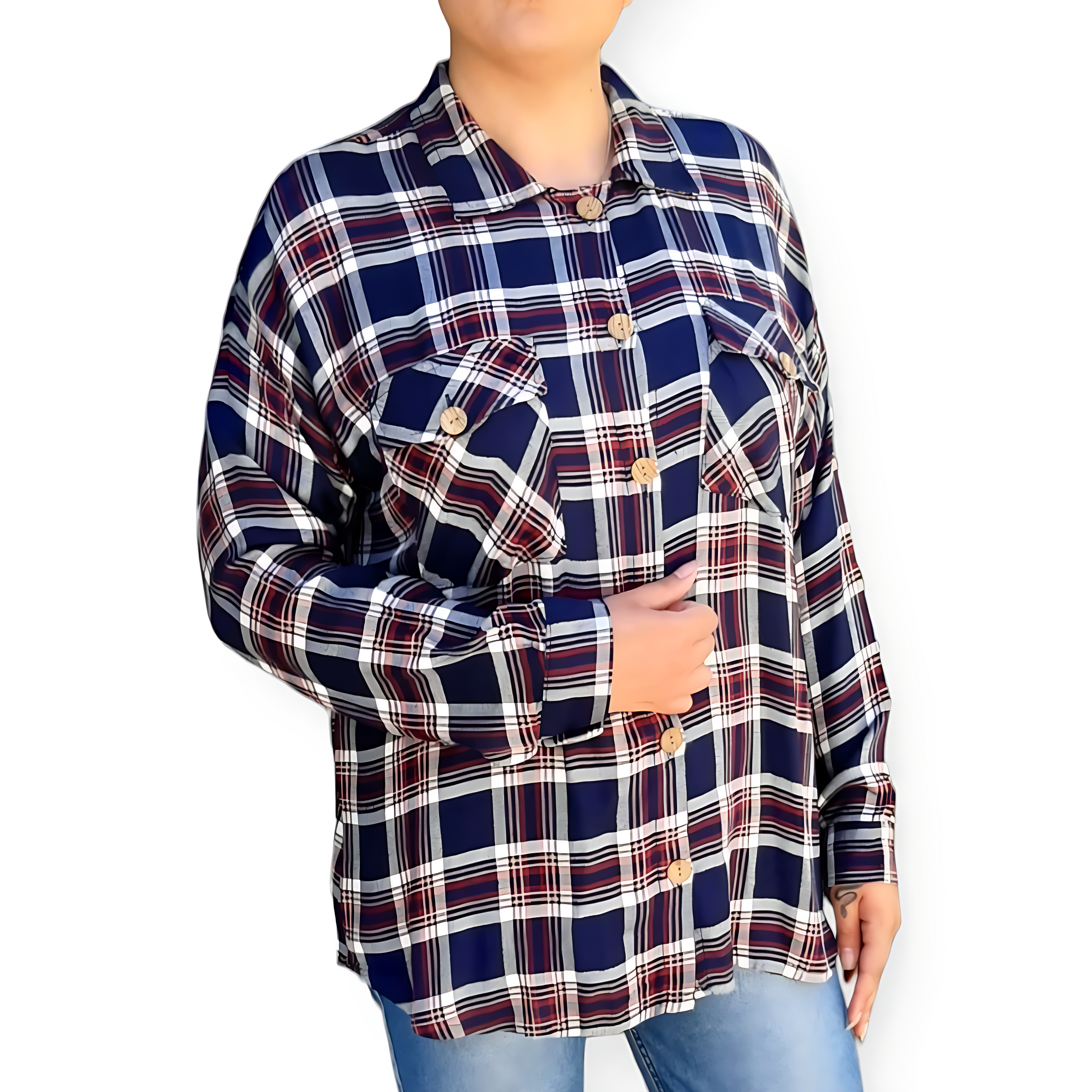 شومیز زنانه چهارخانه سورمهای برند Selin Women – نمای کامل روی مانکن با استایل راحت