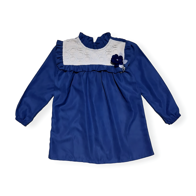 پیراهن مجلسی دخترانه آبی تیره کتان کبریتی آستین بلند