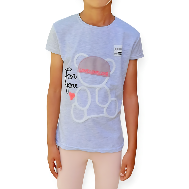 تیشرت دخترانه طوسی روشن طرح خرس شنل دوزی