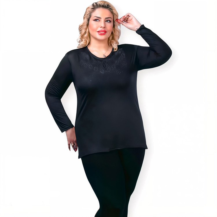 بلوز مجلسی زنانه مشکی سایز بزرگ نخی نگین دار مناسب بهار