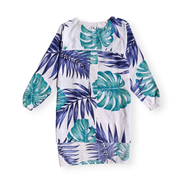 شومیز مانتویی زنانه طرح برگ انجیری رنگ آبی – پارچه نخی پنبهای، مناسب فصل تابستان