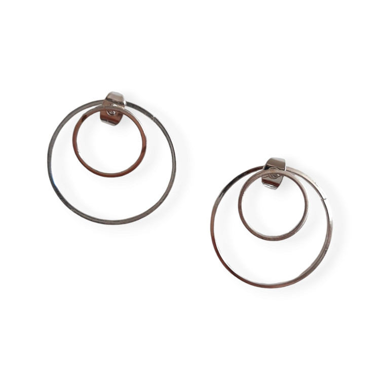 گوشواره استیل میخی دایرهای دوبل نقرهای زنانه