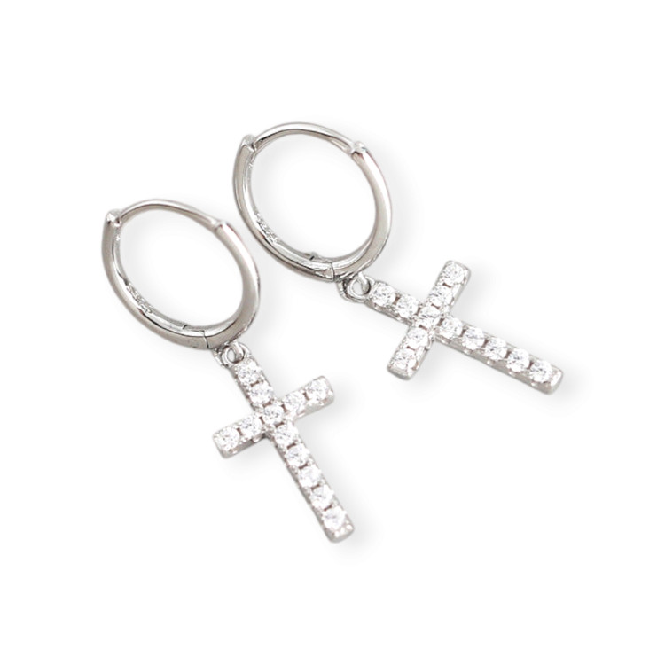 گوشواره حلقهای استیل نقرهای با آویز صلیب