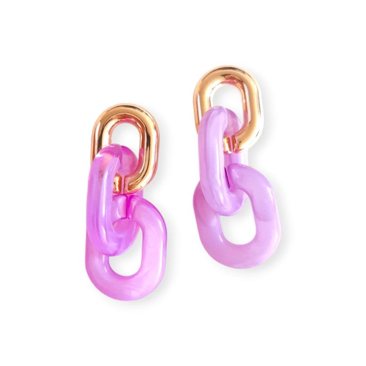 گوشواره آویزی میخی استیل زنانه با طراحی زنجیر رنگ صورتی