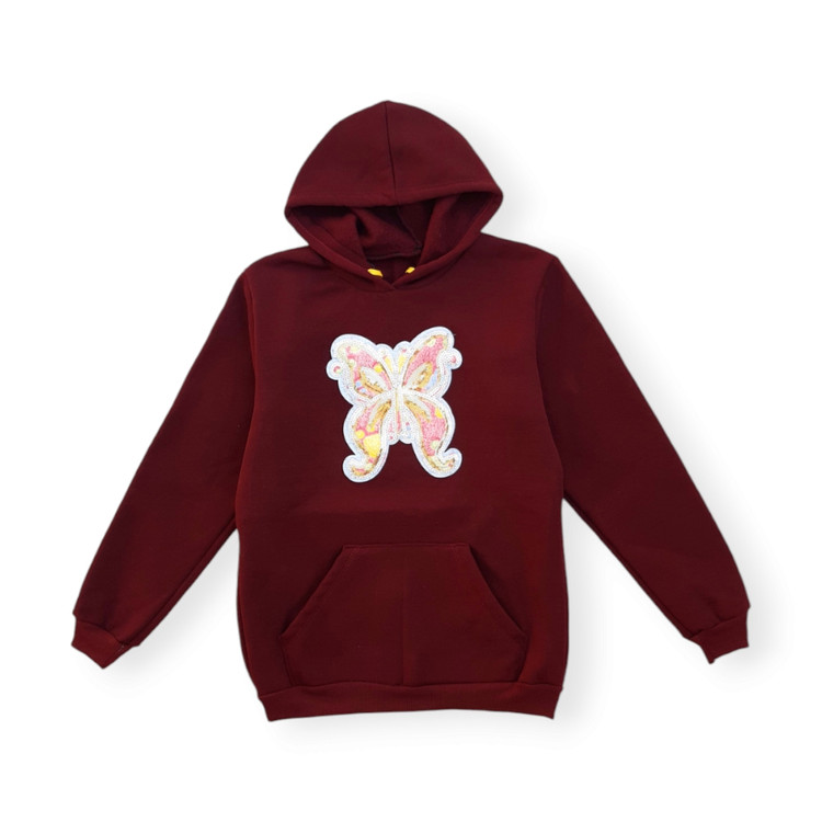 هودی زرشکی بچگانه با جیب کانگورویی و طرح پروانه