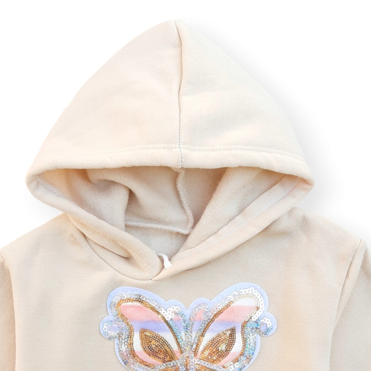 هودی دخترانه کرم رنگ با پولک دوزی طرح پروانه
