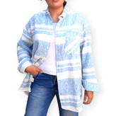 شومیز زنانه پاییزه راهراه آبی با پارچه طبیعی کنفی ترک