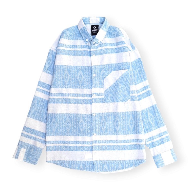 شومیز زنانه کنفی راهراه رنگ آبی آسمانی – پارچه ضخیم مناسب زمستان