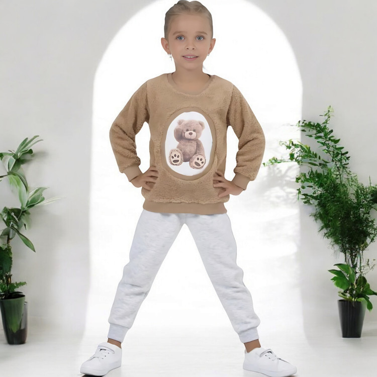 ست بلوز تدی و شلوار دورس بچگانه ترک رنگ کرم طوسی مناسب زمستان