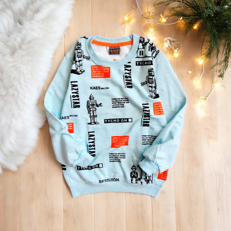 بلوز آستین بلند پسرانه آبی با چاپ فانتزی رباتی و داخل پنبهای