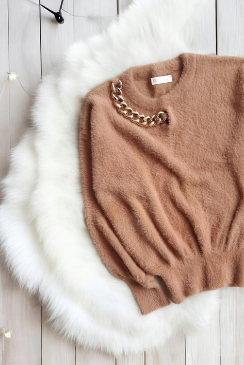 بافت زنانه خزدار خاکی رنگ با آستین زنجیردار پینترسی