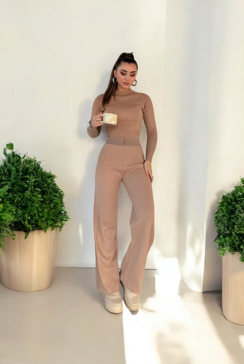 نمای کامل ست بافت زنانه خاکی فری سایز – اورجینال ترک