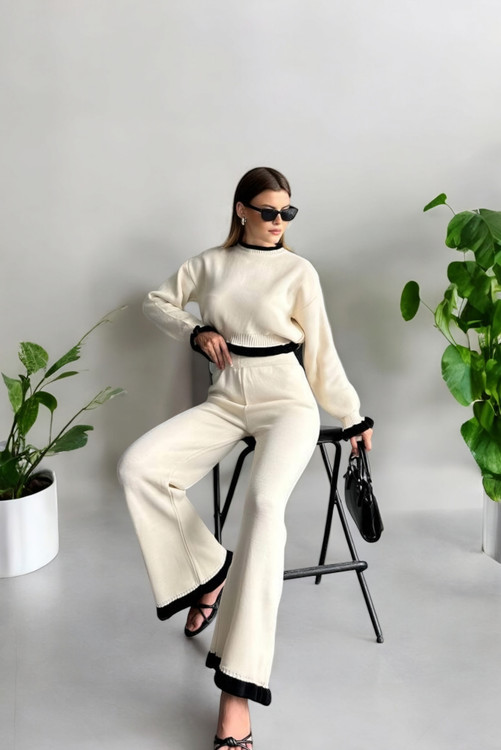 ست کامل بلوز کراپ و شلوار بافت زنانه رنگ کرم برند Sefer Life