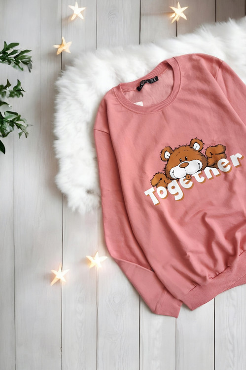 دورس زنانه طرح خرس ، بلوز آستین بلند صورتی با چاپ خرس رنگی