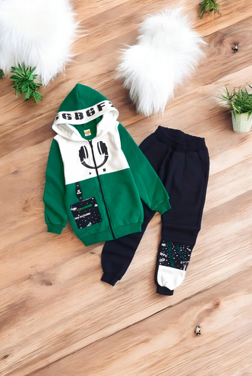 ست سویشرت و شلوار پسرانه Babitto سبز و مشکی با طرح هدفون