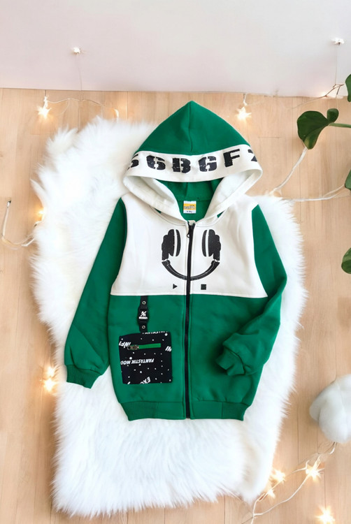 هودی دورس داخل پنبهای سبز رنگ بچگانه با زیپ جلو و چاپ هدفون