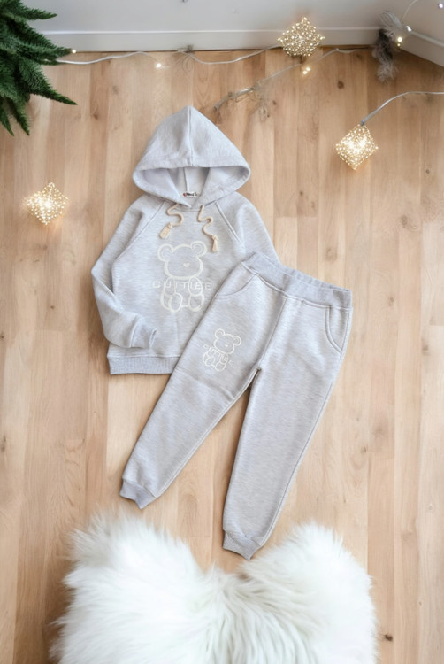 ست هودی و شلوار دخترانه ترک با طرح خرس بامزه رنگ طوسی روشن