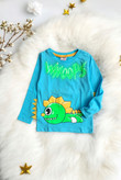 بلوز نخی کودکانه آبی رنگ با یقه گرد و چاپ دایناسور جذاب