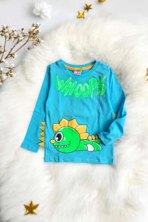 بلوز نخی کودکانه آبی رنگ با یقه گرد و چاپ دایناسور جذاب