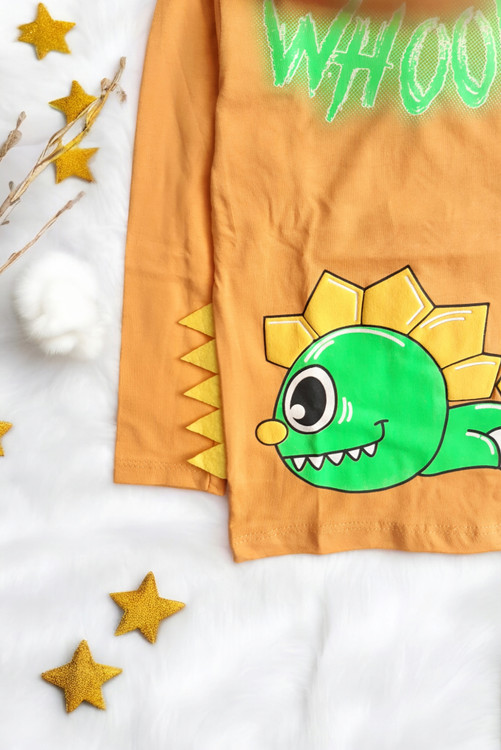 بلوز آستین بلند زرد پسرانه نخی با چاپ دایناسور خندان