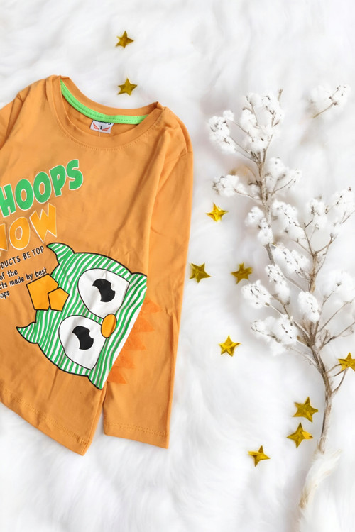 بلوز آستین بلند کودک زرد رنگ با چاپ فانتزی دایناسوری