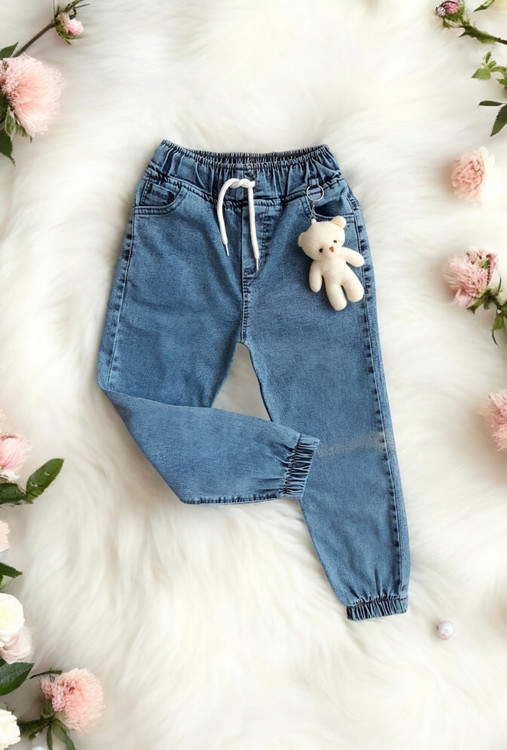 شلوار لی دخترانه آبی کمرنگ سنگشور با کمر کش و دمپا گت برند Flaming