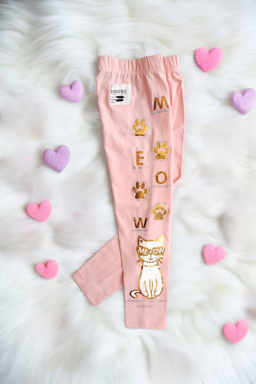 شلوار لگ دخترانه صورتی با طرح طلایی گربه برند Canix