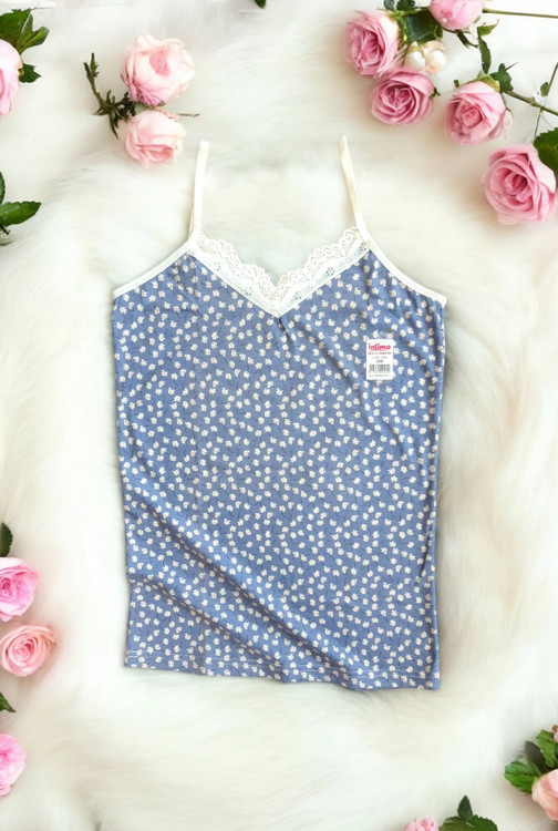 تاپ یقه هفت بندی زنانه ترک آبی با گلهای سفید شیک و راحت مناسب تمام فصول