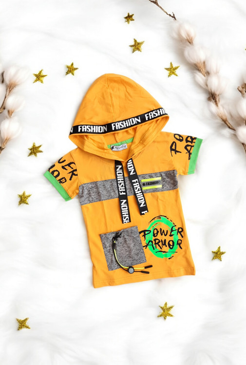 تیشرت زرد پسرانه اسپرت کلاهدار ترک OLC Suvari مناسب تابستان