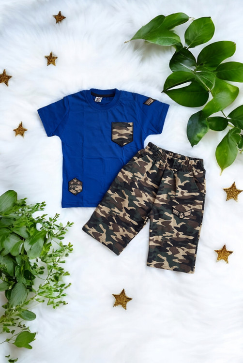 ست تیشرت شلوارک پسرانه آبی با طرح چریکی ارتشی