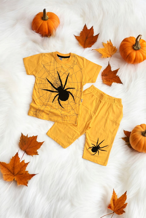 لباس تابستانی بچه گانه زرد با چاپ اسپایدرمن