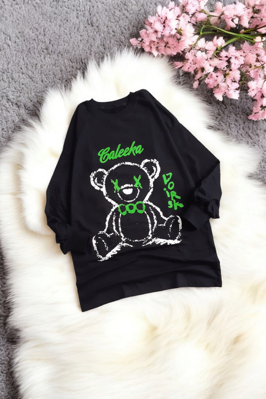 دورس زنانه لش با طرح خرس روی تن مدل – بلوز مشکی اسپرت دخترانه