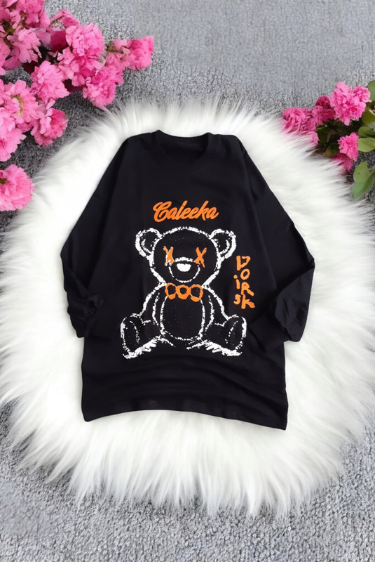 بلوز اسپرت مشکی زنانه لانگ با طرح فانتزی خرس – مناسب پاییز و زمستان