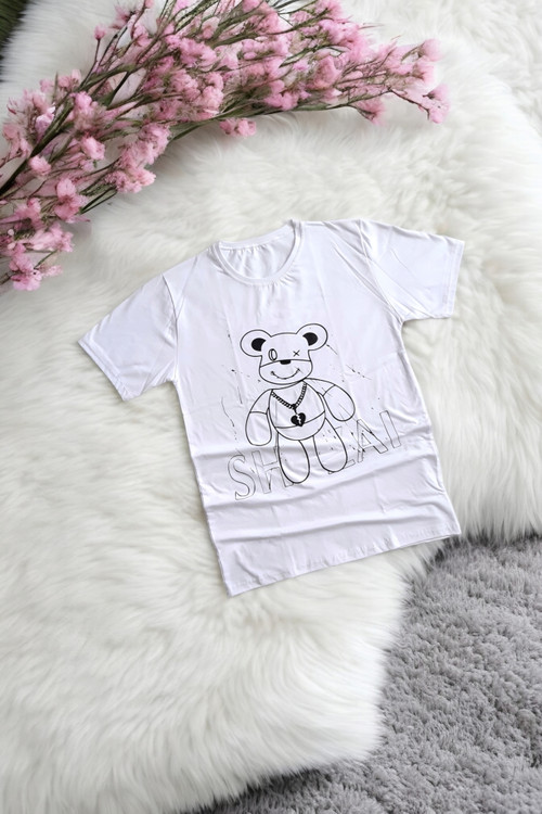 تیشرت نخی زنانه سفید با چاپ کارتونی خرس، مناسب فصل گرما