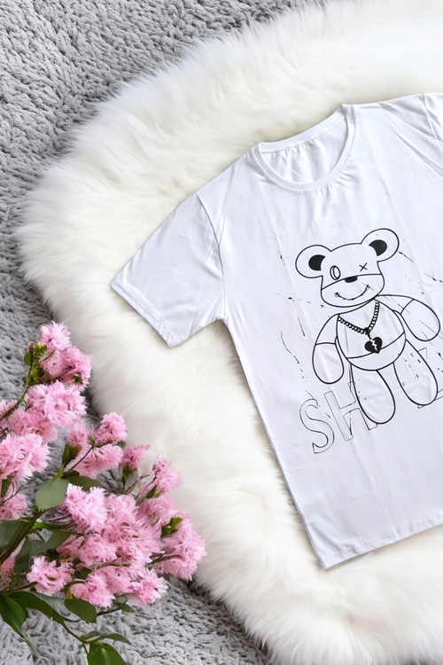 تیشرت زنانه سفید اسپرت با طرح خرس، فری سایز، نمای جلو