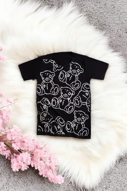 تیشرت نخی زنانه مشکی، مدل فریسایز با طرح فانتزی خرس، مناسب بهار و تابستان