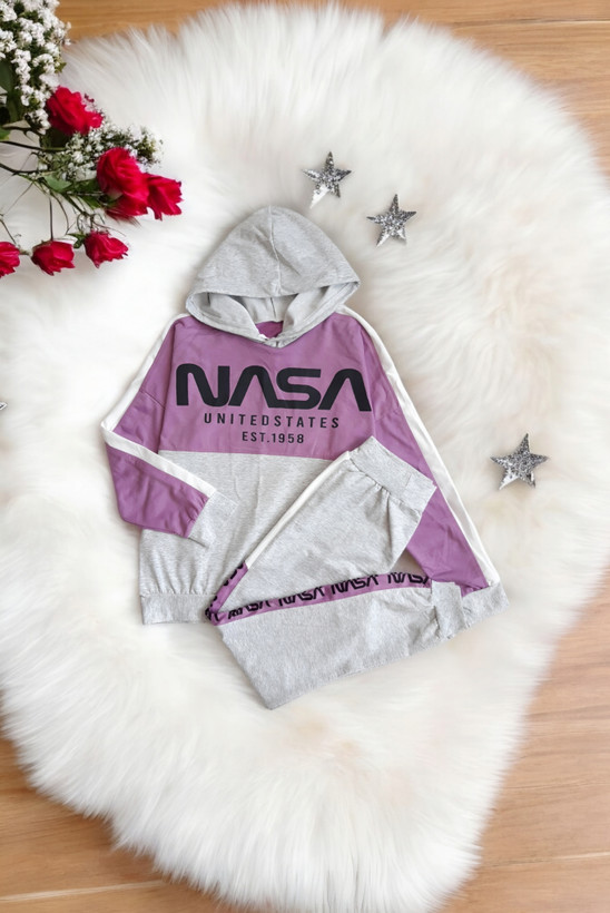 ست هودی و شلوار زنانه اسپرت رنگ یاسی مدل NASA مناسب بهار و پاییز
