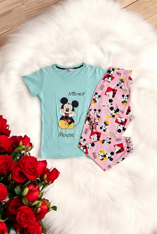 ست کامل تیشرت آبی دریایی و شلوار صورتی زنانه طرح میکی موس برند M.H.A