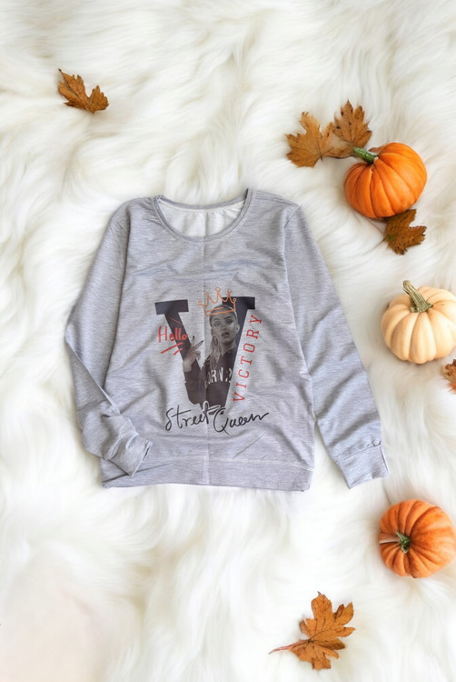 بلوز دورس زنانه طوسی ملانژ با یقه گرد و آستین بلند مناسب فصول سرد