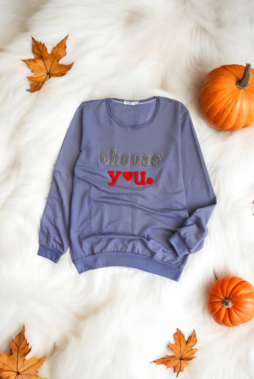 بلوز زنانه فری سایز پنبهای طوسی با شنلدوزی مناسب پاییز و زمستان