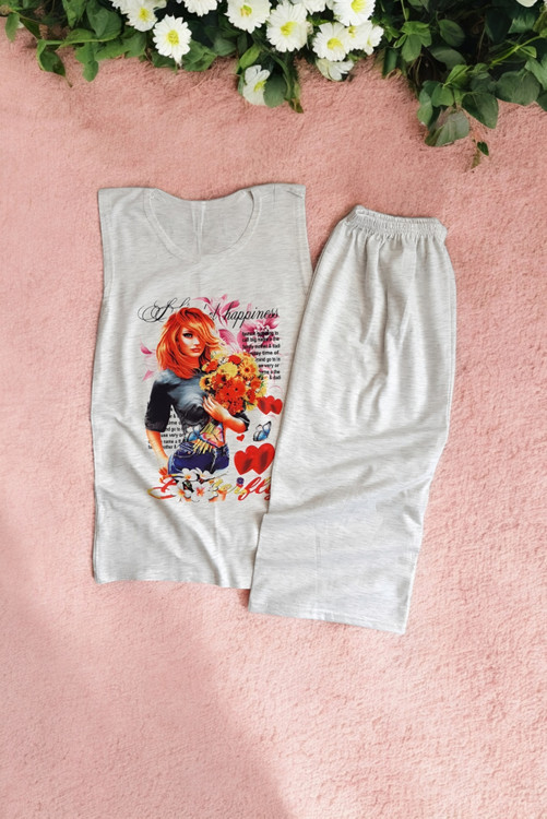 لباس راحتی دخترانه دو تکه تاپ و شلوارک ملانژ پنبهای فری سایز