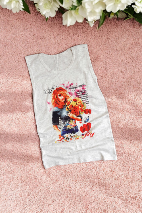 تاپ دخترانه نخی رنگ طوسی روشن با طرح چاپی دختر