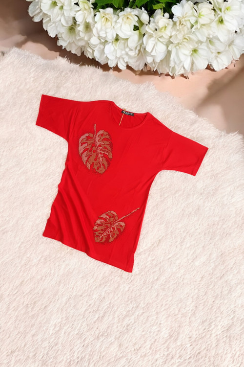 تیشرت زنانه قرمز طرح برگ مانسترا با پارچه ویسکوز
